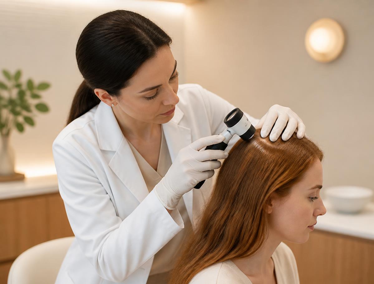 Dermatologist examining a patient's scalp with a dermatoscope