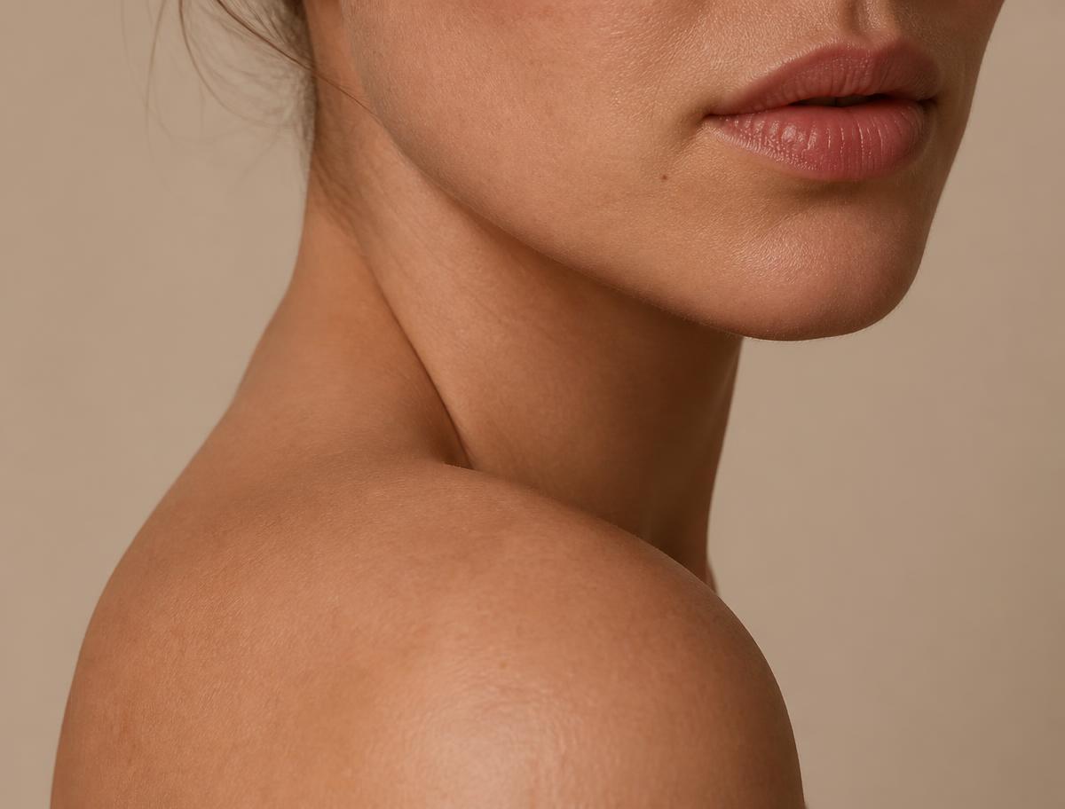 Close-up of healthy, naturally textured skin in warm neutral light