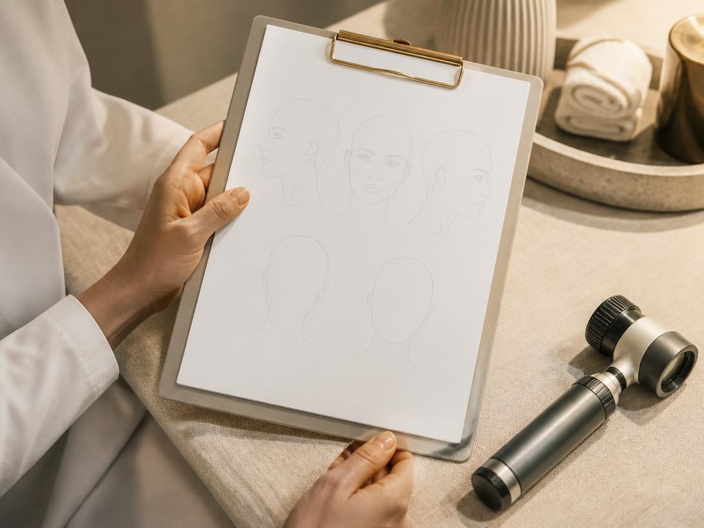 Dermatology assessment chart and dermatoscope prepared for an acne consultation