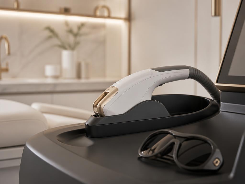 Modern dermatology laser handpiece with protective eyewear