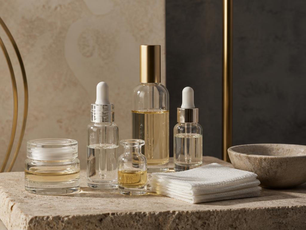 Unlabelled clinical skincare vessels arranged for a skin rejuvenation consultation